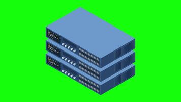 isometrisk server animation. server nätverk Utrustning. dator nätverk teknologi. lagring databas. isometrisk teknologi. 4k animerad i isometrisk stil video
