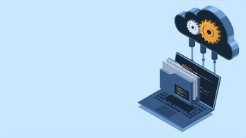 isométrica nube almacenamiento concepto con ordenador portátil animación. nube tecnología con carpeta y ordenador portátil. isométrica computadora archivo transferir. isométrica tecnología. 4k animado en isométrica estilo. video
