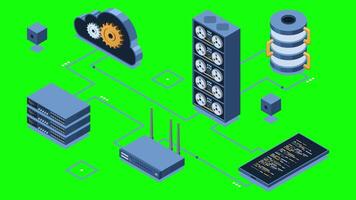 isométrico nuvem tecnologia com servidor animação. isométrico servidor e hospedagem armazenamento tecnologia. rede hospedagem conceito. isométrico tecnologia. 4k animado. video