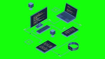 Isometric transfer data between different devices animation. Synchronizing data between laptop, smartphone, tablet, and PC. Isometric technology. 4K animated in isometric style video