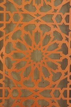 Intricate Orange Geometric Pattern on Wood Background, Decorative Design photo
