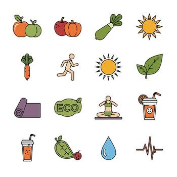a set of colorful icons that include fruits, vegetables, and other items vector