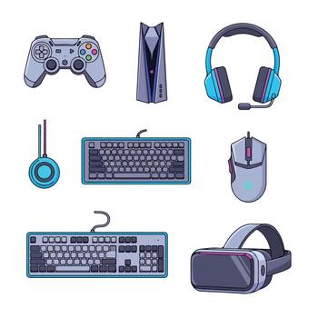 a set of different gaming accessories including a headset, keyboard, and controller vector