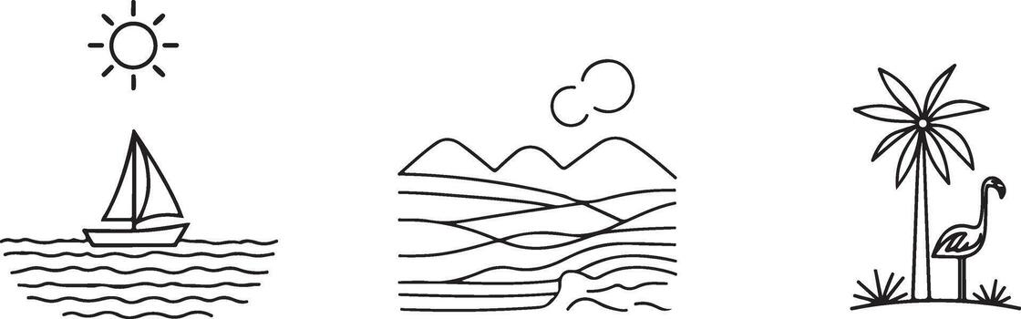 a set of four different icons depicting the ocean, mountains, and palm trees vector