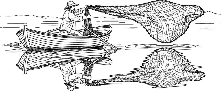 A man in a boat with a net on the water vector