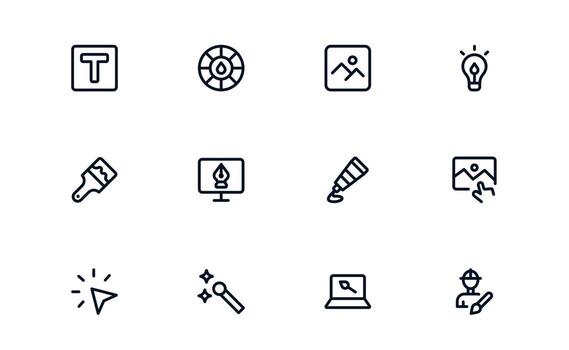 Design and Painting Icons with precise line art for visual creativity, drawing tools, and artistic projects in digital dashboards and marketing visuals. vector