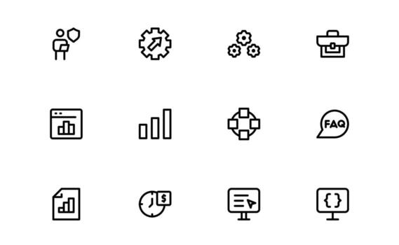 Technology and Development Icons with elegant minimal outline for software progress, AI evolution, and digital growth in UI and UX web applications. vector