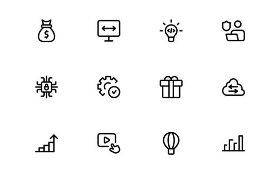 Technology and Development Icons with smooth flat lines for engineering progress, data systems, and software visuals in websites and digital dashboards. vector