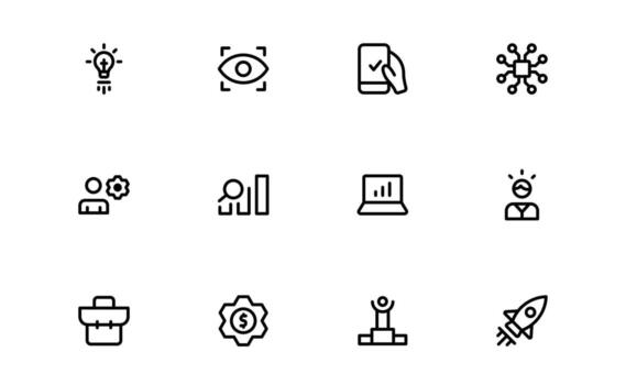 tecnología y desarrollo íconos con elegante mínimo contorno para innovación tecnología, digital actualizaciones, y futurista sistemas en moderno interfaces vector