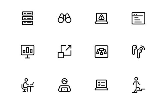 tecnología y desarrollo íconos con creativo plano líneas para software sistemas, innovación laboratorios, y futurista tecnología en moderno ui y ux diseños vector
