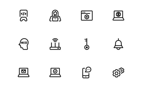 tecnología y desarrollo íconos con limpiar línea estilo para codificación sistemas, ai innovación, y inteligente tecnología visuales en web tableros y interfaces vector