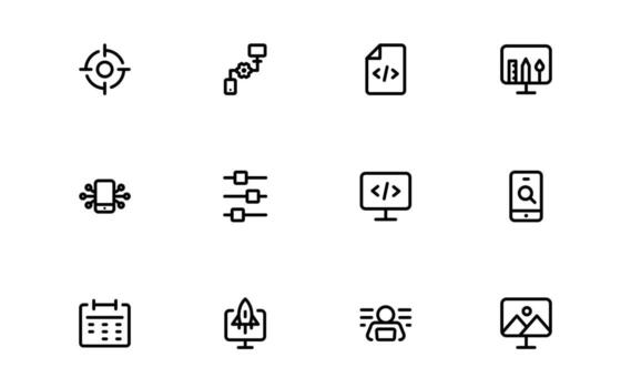 Technology and Development Icons with flat minimal outline design for innovation projects, digital growth, and futuristic solutions in modern apps and websites. vector