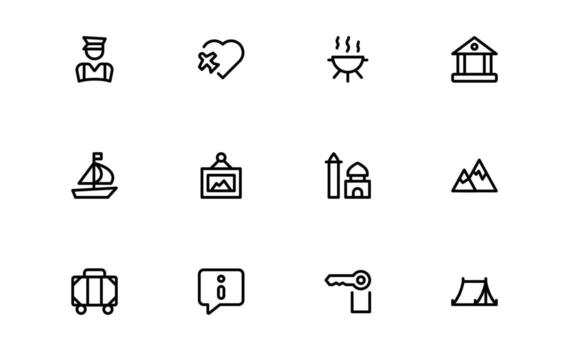 Museum and Tourism Icons with balanced flat design for art museums, sightseeing tours, and travel guide visuals in web and mobile interfaces. vector