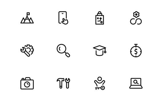 Technology and Development Icons with minimal flat outline for digital progress, tech advancement, and modern development processes in mobile platforms. vector