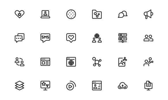 Social Sharing Icons with modern minimal outline for communication apps, sharing buttons, and interaction systems in websites and mobile dashboards. vector