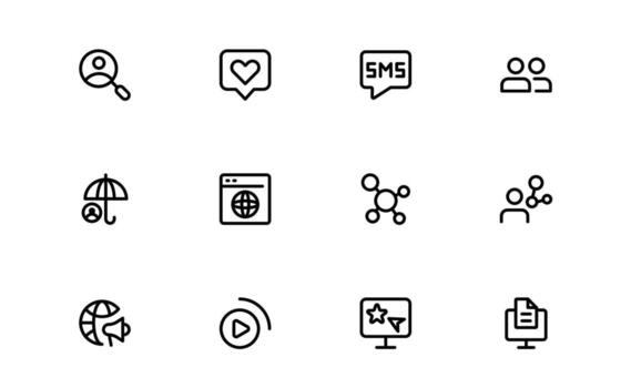 Social Sharing Icons with precise line art for social media, post sharing, and online connection visuals in digital dashboards and interactive platforms. vector