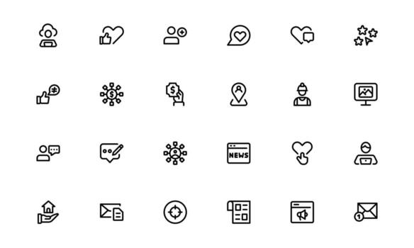 Social Sharing Icons with elegant minimal outline for interactive networks, digital communities, and media platforms in UI and UX web designs. vector
