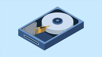 isometrisk hård disk animation. hdd hård disk kör fil hårdvara. lagring enhet. isometrisk teknologi. 4k animerad i isometrisk stil. video