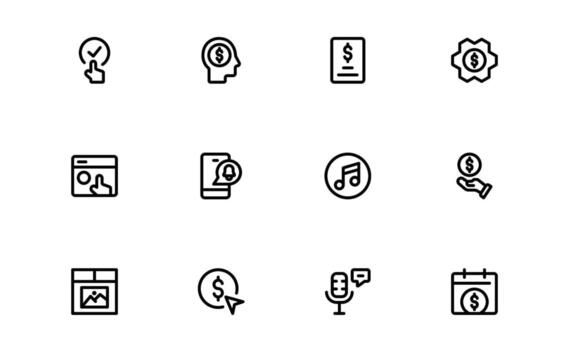 Subscription Services Icons with stylish minimal design for plan subscriptions, recurring payments, and membership renewals in digital platforms. vector