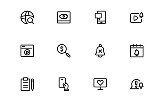 Subscription Services Icons with precise minimal lines for automated billing, membership plans, and recurring renewals in app dashboards. vector