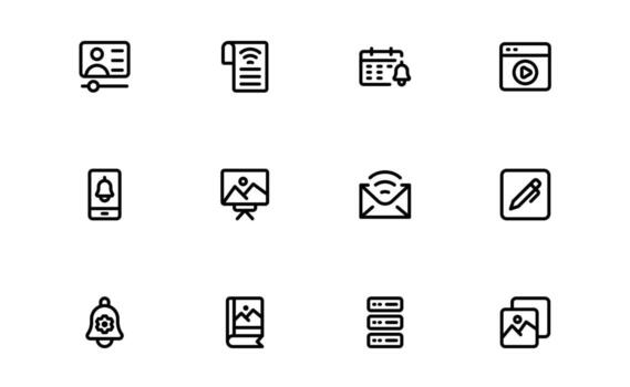 Subscription Services Icons with simple minimal outline for renewal notifications, plan upgrades, and membership visuals in modern dashboards. vector