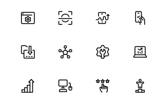Modern Technology and Development Icons with smooth flat outline for programming workflows, AI engineering, and software development in apps and dashboards. vector