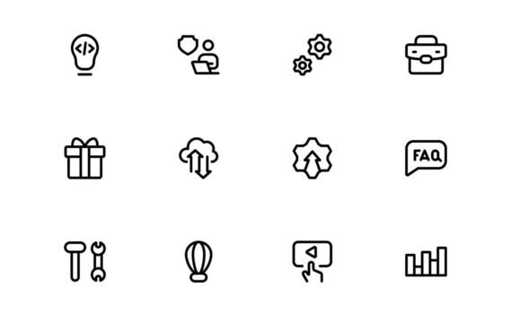 Modern Technology and Development Icons with precise minimal lines for futuristic software, tech workflow, and digital innovation in apps and websites. vector