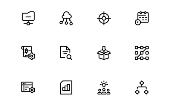 Modern Technology and Development Icons with stylish minimal outline for digital progress, futuristic technology, and development workflow in modern interfaces. vector