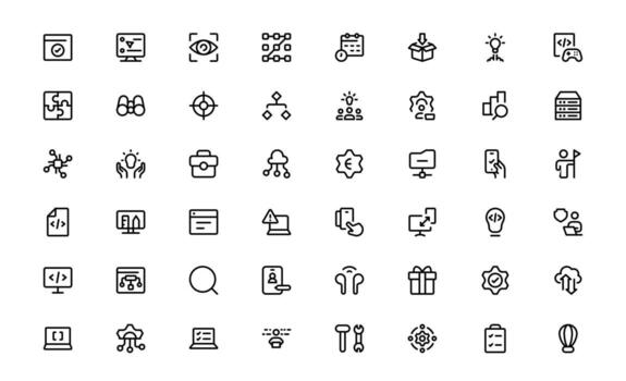 Modern Technology and Development Icons with balanced flat design for AI systems, software development, and technical innovation in web and mobile applications. vector