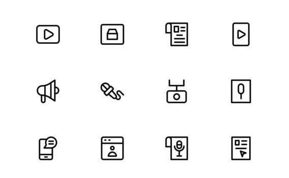 Media Icons with balanced line art for multimedia content, media platforms, and broadcasting visuals in web and mobile interfaces. vector