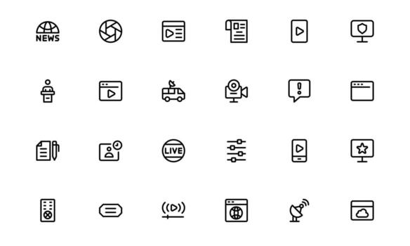 Media Icons with simple minimal outline for digital media, publishing, and broadcasting visuals for websites and mobile platforms. vector