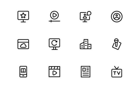 Media Icons with balanced flat design for media platforms, content sharing, and broadcasting systems in web and mobile applications. vector