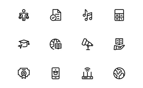 Modern Education Tools Icons with smooth flat outline for online courses, classroom technology, and student engagement tools in modern apps and websites. vector