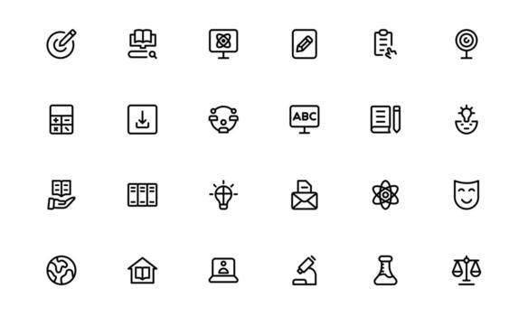 Modern Education Tools Icons with stylish minimal design for e-learning platforms, digital classroom visuals, and modern teaching aids in digital dashboards. vector
