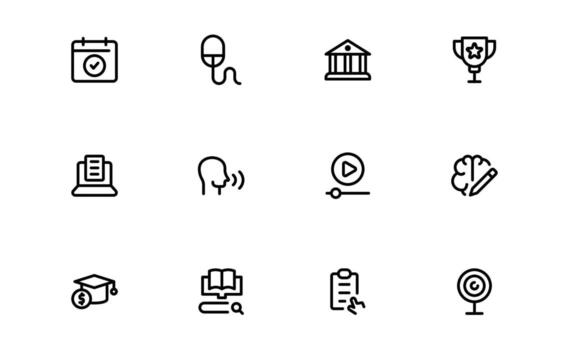 Modern Education Tools Icons with precise minimal lines for e-learning solutions, classroom technology, and study tools in apps and websites. vector