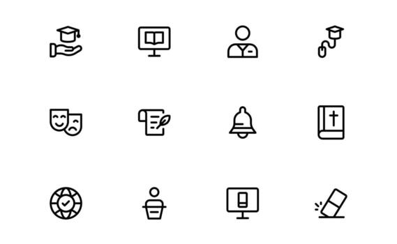 Modern Education Tools Icons with creative flat line art for study applications, e-learning visuals, and classroom management tools in apps and dashboards. vector