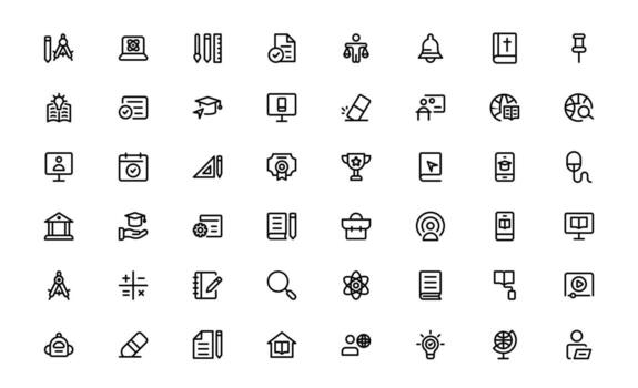 Modern Education Tools Icons with stylish minimal outline for classroom technology, digital learning, and e-education systems in modern dashboards. vector