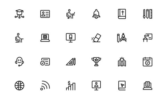 Modern Education Tools Icons with precise line art for study apps, digital textbooks, and virtual learning tools in dashboards and web interfaces. vector