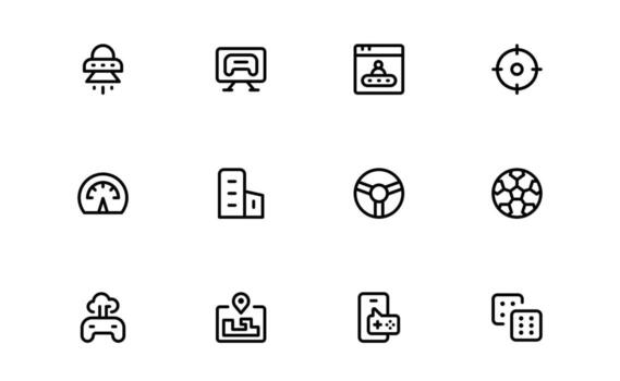 Gaming Icons with balanced line art for player dashboards, game setups, and gaming system controls in web and mobile platforms. vector