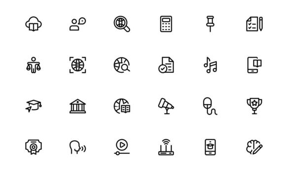 Modern Education Tools Icons with clean line style for online learning, study aids, and digital education platforms in web and mobile dashboards. vector