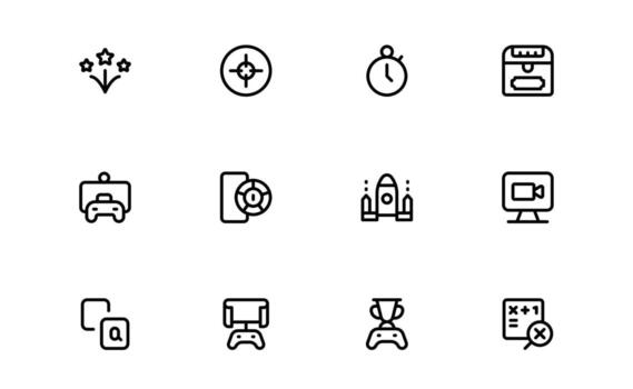 Gaming Icons with smooth flat outline for game visuals, player interaction, and gaming consoles in modern apps and websites. vector