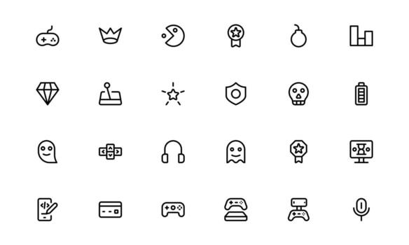 Gaming Icons with clean flat outline for interactive gameplay, online players, and console visuals in UI and UX applications. vector