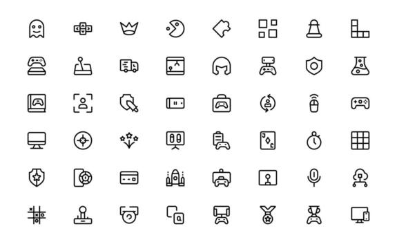 Gaming Icons with precise minimal lines for gaming controllers, virtual worlds, and game management visuals in apps and websites. vector