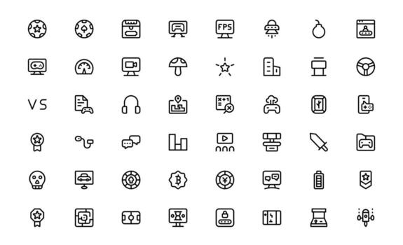 Gaming Icons with creative flat line art for gaming visuals, player controls, and online game interfaces in apps and web platforms. vector