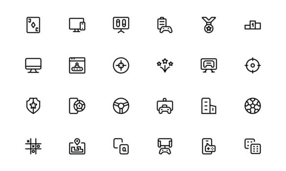 Gaming Icons with stylish minimal outline for multiplayer interaction, online games, and gaming interfaces in modern digital platforms. vector