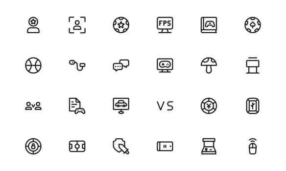 Gaming Icons with precise line art for game controls, interactive gameplay, and console systems in digital dashboards and websites. vector
