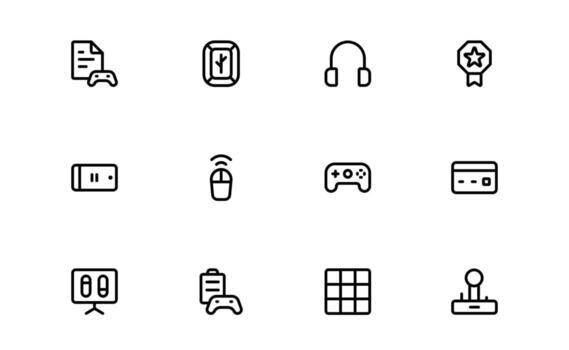 Gaming Icons with clean line style for console, PC, and mobile games with controller and gameplay visuals in web and digital dashboards. vector
