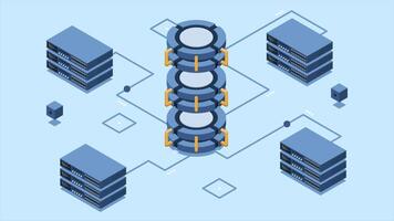 isométrico nuvem base de dados animação. base de dados com nuvem servidor. nuvem armazenar. dados transmissão tecnologia. isométrico tecnologia. 4k animado dentro isométrico estilo, video