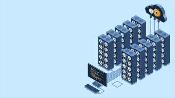 isométrico monitoramento grande dados armazenamento animação. dados transmissão tecnologia. conectados hospedagem tecnologia conceito. isométrico tecnologia. 4k animado dentro isométrico video