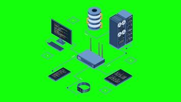 isométrico rede roteador animação. isométrico rede conceito com roteador, computador, Smartphone, e servidor conexão. isométrico tecnologia. 4k animado dentro isométrico estilo video